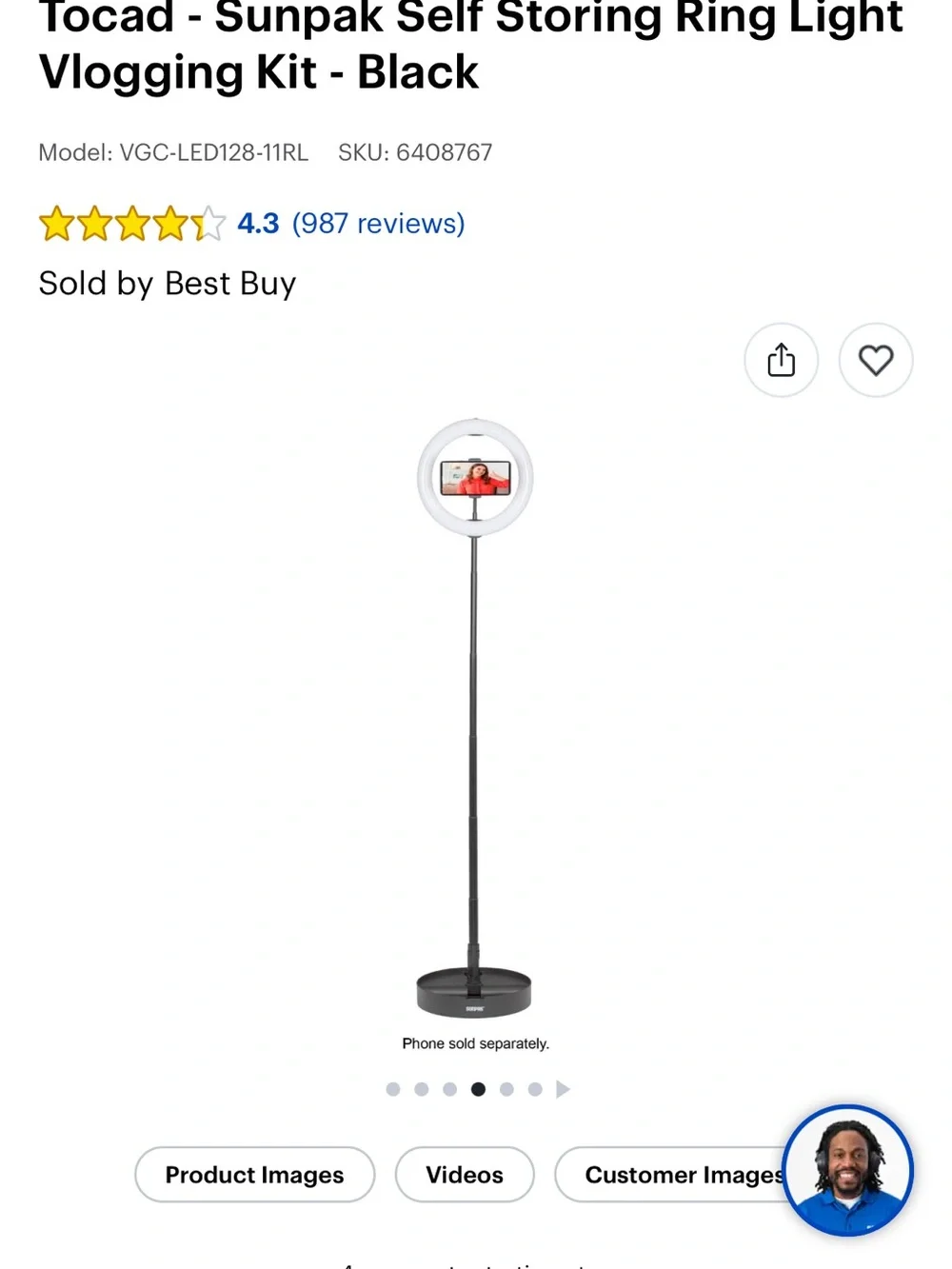 Black LED Ring Light Floor Lamp - Sunpak Vlogging Kit